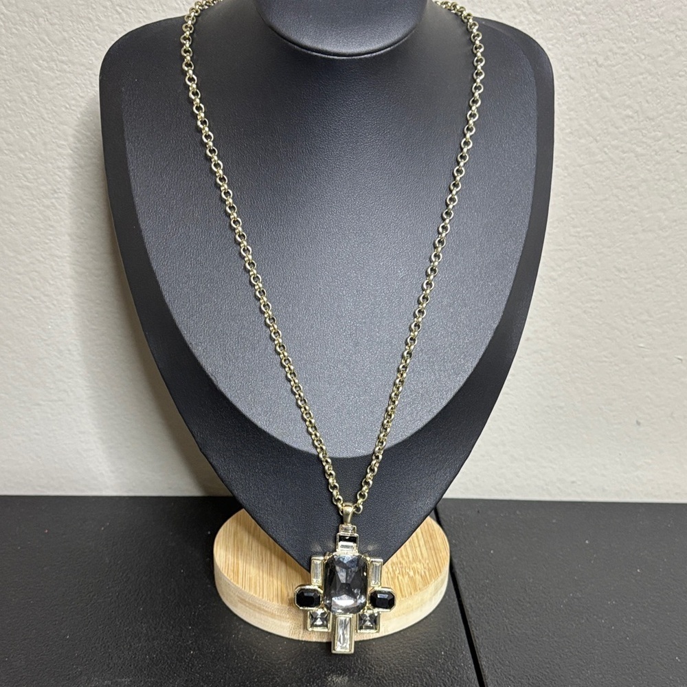 MULTI JEWELED Geometric PENDANT GOLD Tone Long Chain NECKLACE